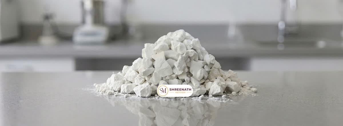 White quick lime lumps piled on a grey surface